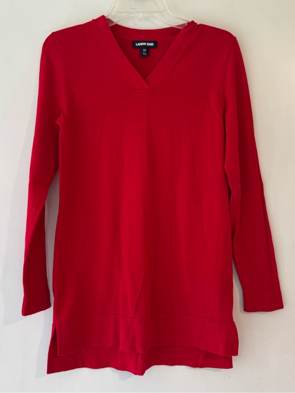 100% Cotton Lands' End Red V-Neck Long Sleeve Sweater
